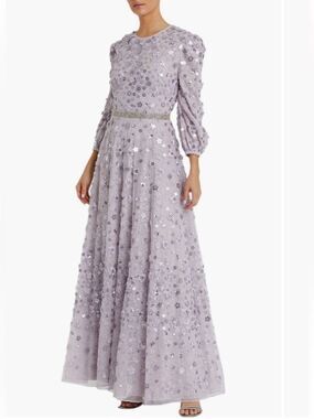 MAC DUGGAL Floral Appliqué Puff Sleeve High Neck A Line Gown in Lavender 10 NWT